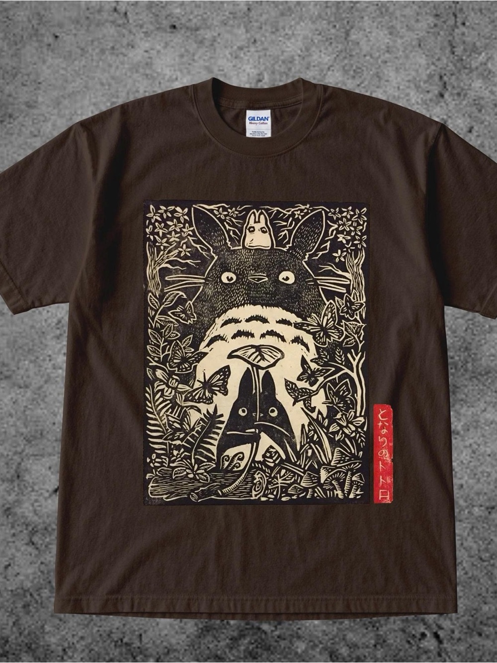 Gildan Brown Cat/Totoro-Inspired Graphic Tee with Cream Print